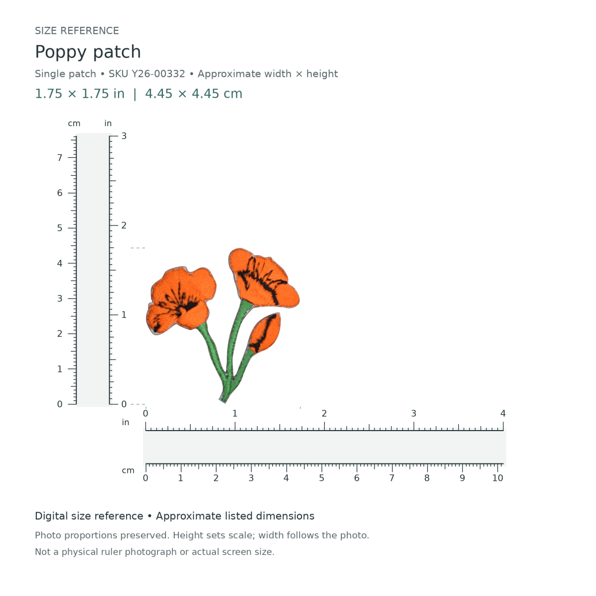 Poppy patch: single patch, approximately 1 3/4 inches wide by 1 3/4 inches tall, with digital inch and centimetre rulers.