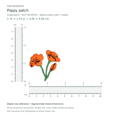 Poppy patch: single patch, approximately 1 3/4 inches wide by 1 3/4 inches tall, with digital inch and centimetre rulers.