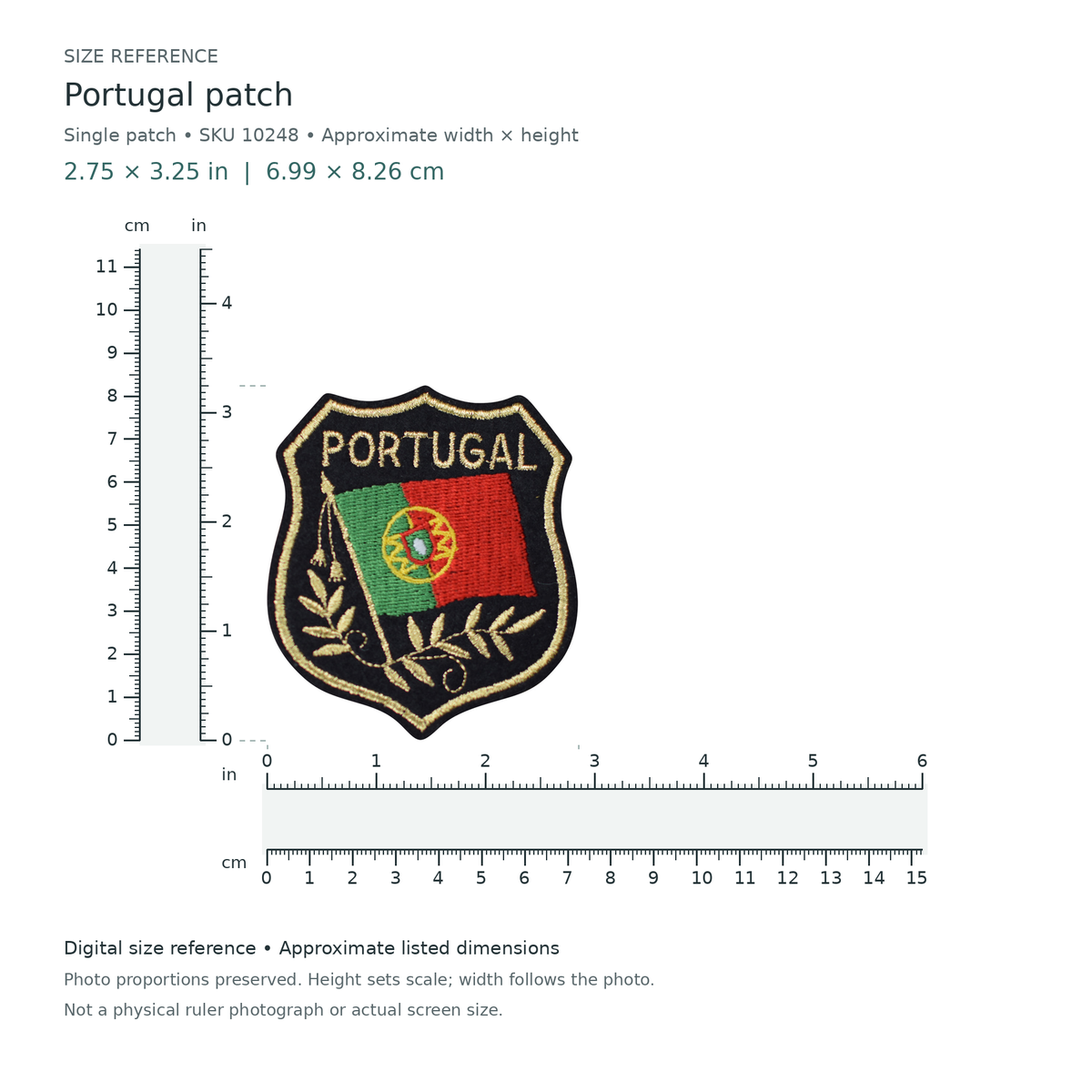 Portugal patch, approximately 2 3/4 inches wide by 3 1/4 inches tall, shown with digital inch and centimetre rulers.