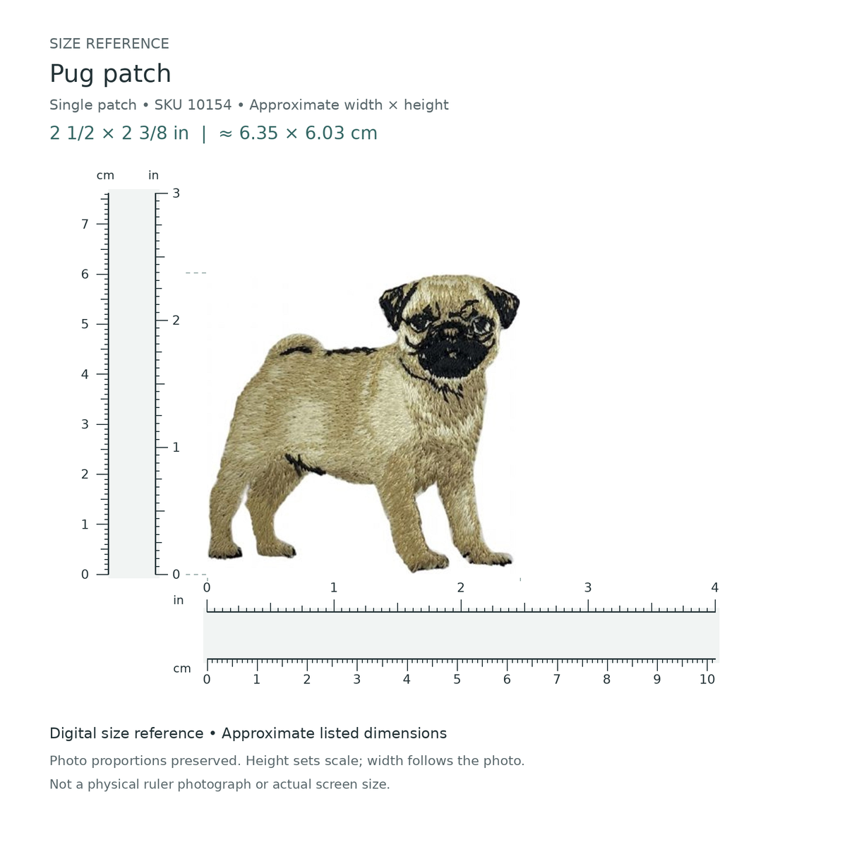 Pug patch, approximately 2 1/2 inches wide by 2 3/8 inches tall, shown with digital inch and centimetre rulers.