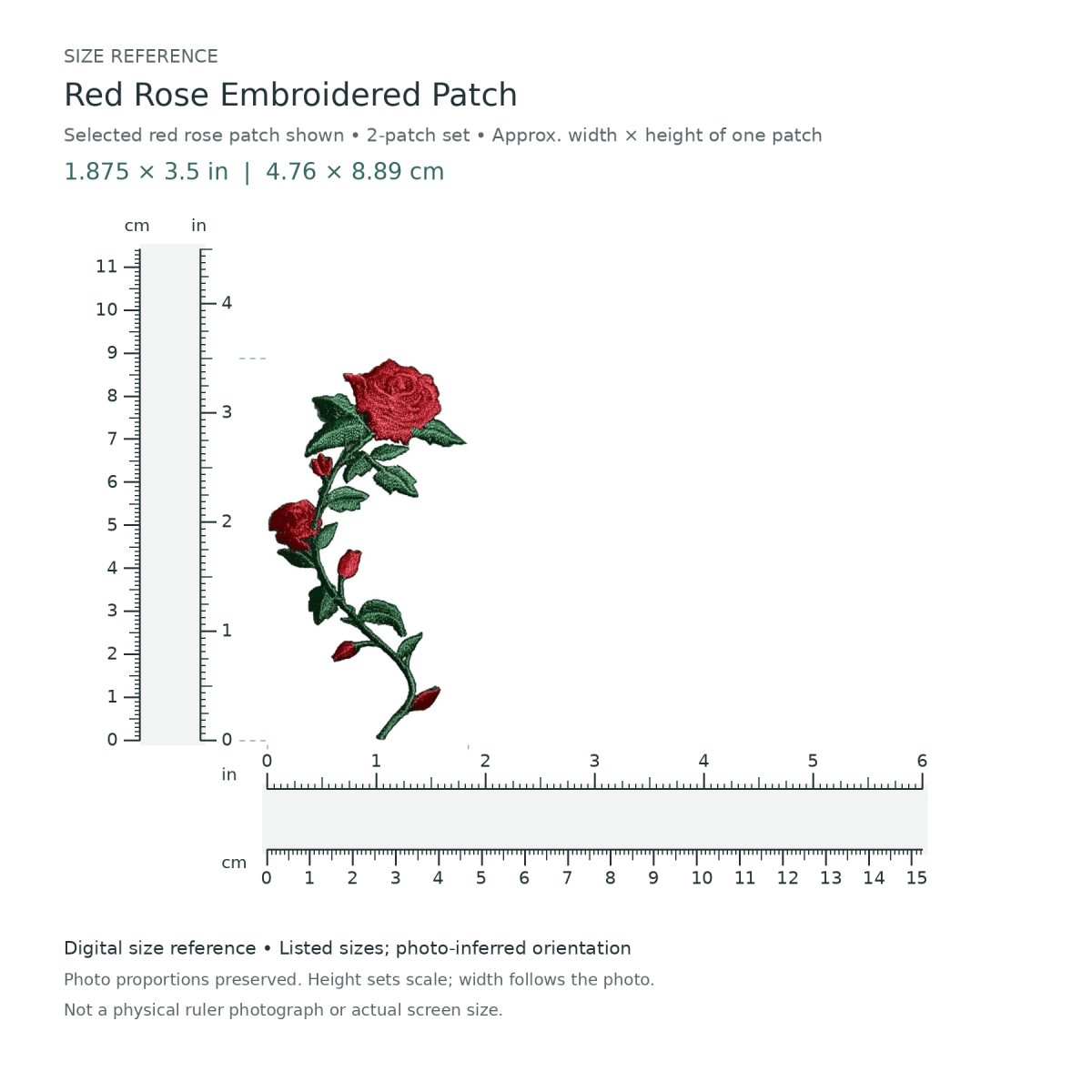 Digital size reference for Selected red rose patch from the 2-patch set (SKU 278): approximate 1.875 inch width by 3.5 inch height per patch; axis order inferred from photo proportions, not whole-set size.