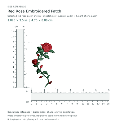 Digital size reference for Selected red rose patch from the 2-patch set (SKU 278): approximate 1.875 inch width by 3.5 inch height per patch; axis order inferred from photo proportions, not whole-set size.