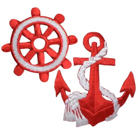Two red nautical embroidered patches: a ship wheel and an anchor with white rope