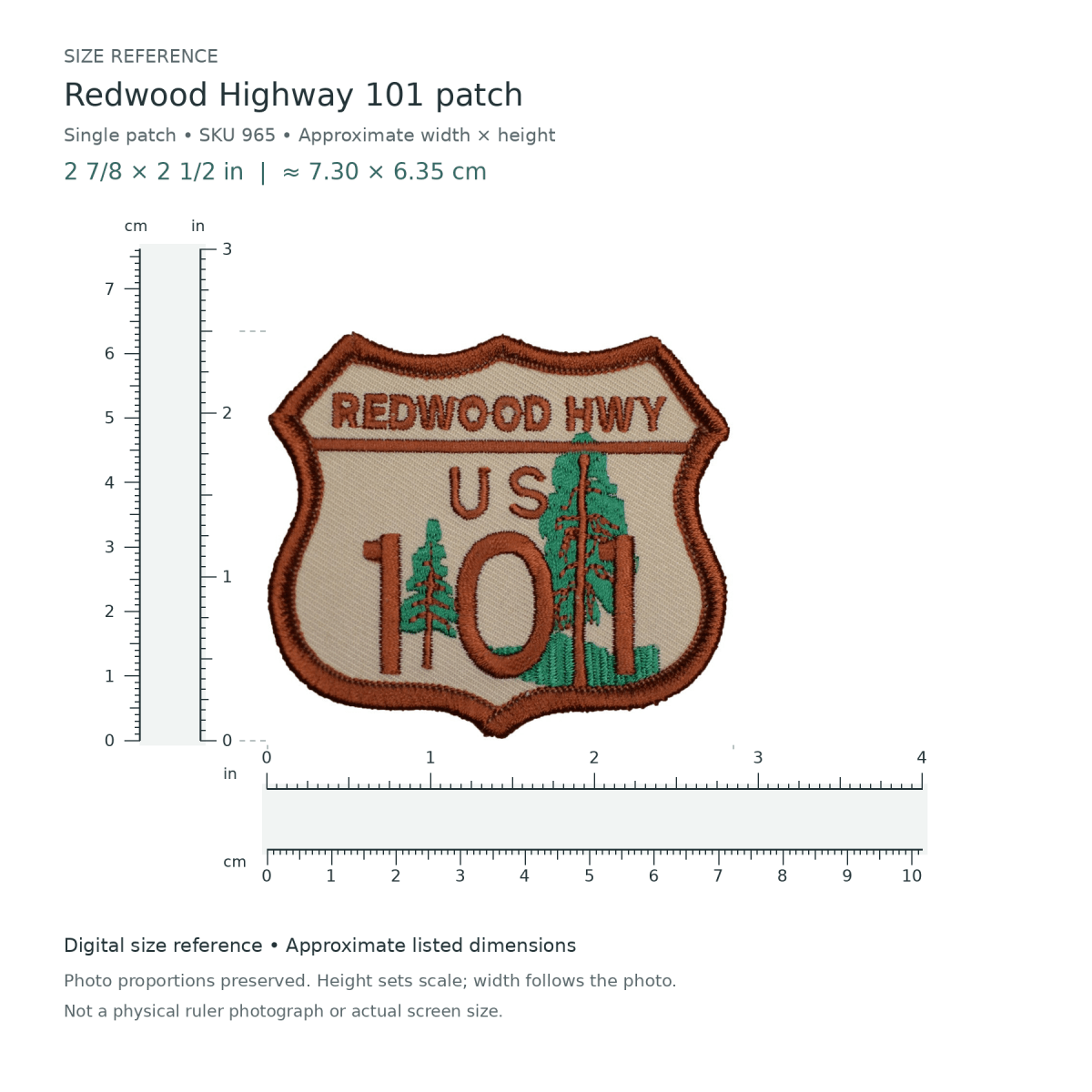 Redwood Highway 101 patch, approximately 2 7/8 inches wide by 2 1/2 inches tall, shown with digital inch and centimetre rulers.