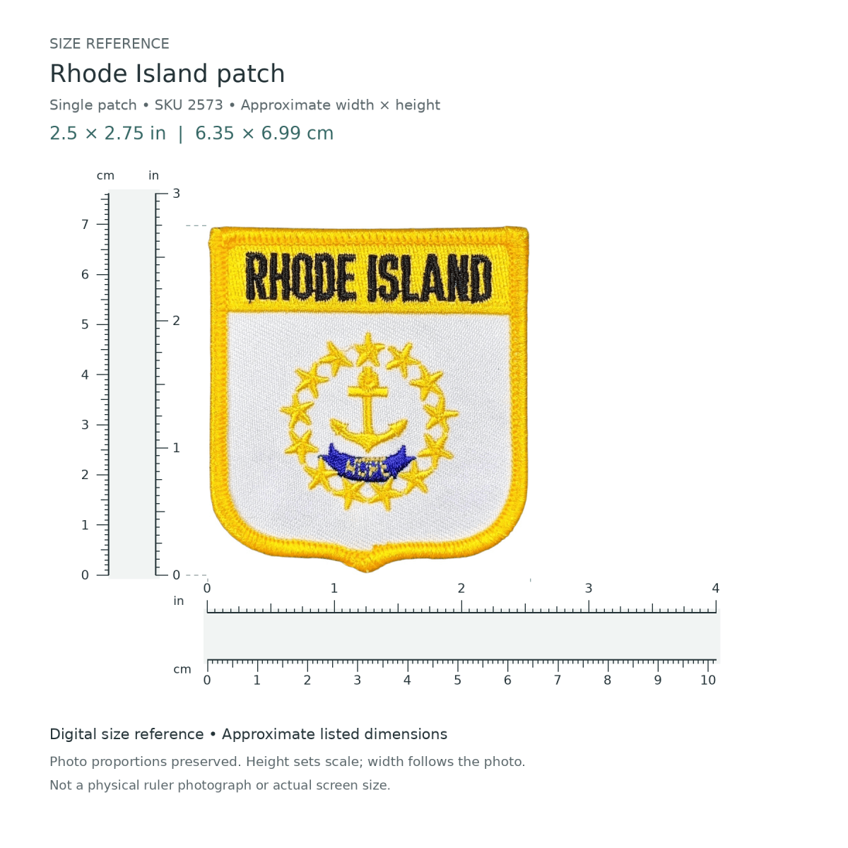 Rhode Island patch, approximately 2 1/2 inches wide by 2 3/4 inches tall, shown with digital inch and centimetre rulers.