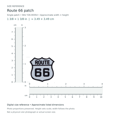 Route 66 patch, approximately 1 3/8 inches wide by 1 3/8 inches tall, shown with digital inch and centimetre rulers.