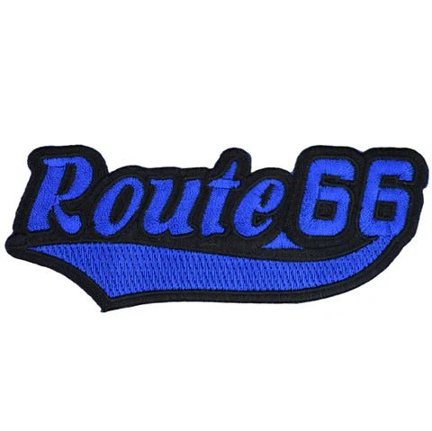 66 Script Badge 4-7/8" (Iron on) Route 66 Patch - Blue/Black Rt.
