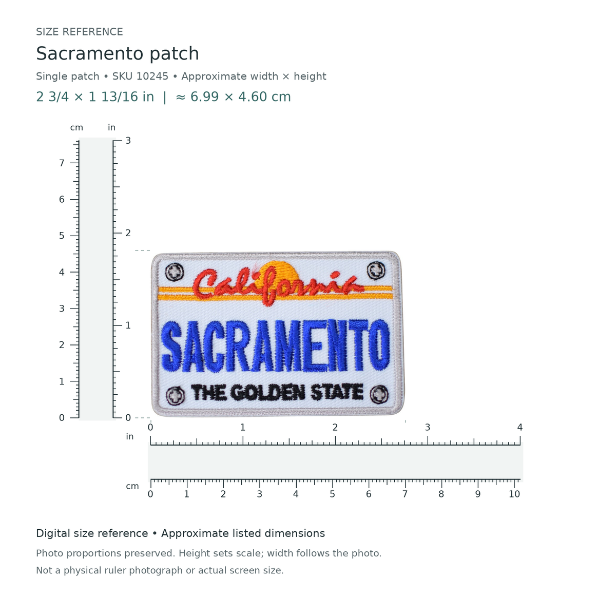 Sacramento patch, approximately 2 3/4 inches wide by 1 13/16 inches tall, shown with digital inch and centimetre rulers.