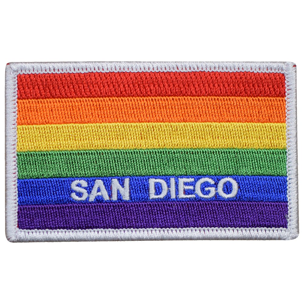 A patch featuring the San Diego flag in rainbow colors with the text 'SAN DIEGO' across the bottom.