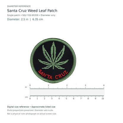 Digital size reference for Santa Cruz Weed Leaf Patch (SKU Y26-00359): approximate 2.5 inch diameter; original photo proportions preserved.