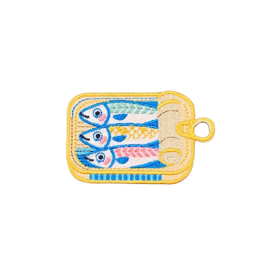 sardine tin embroidered iron on patch, 2.75", front view
