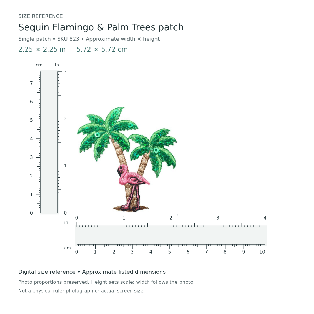 Sequin Flamingo & Palm Trees patch: single patch, approximately 2 1/4 inches wide by 2 1/4 inches tall, with digital inch and centimetre rulers.