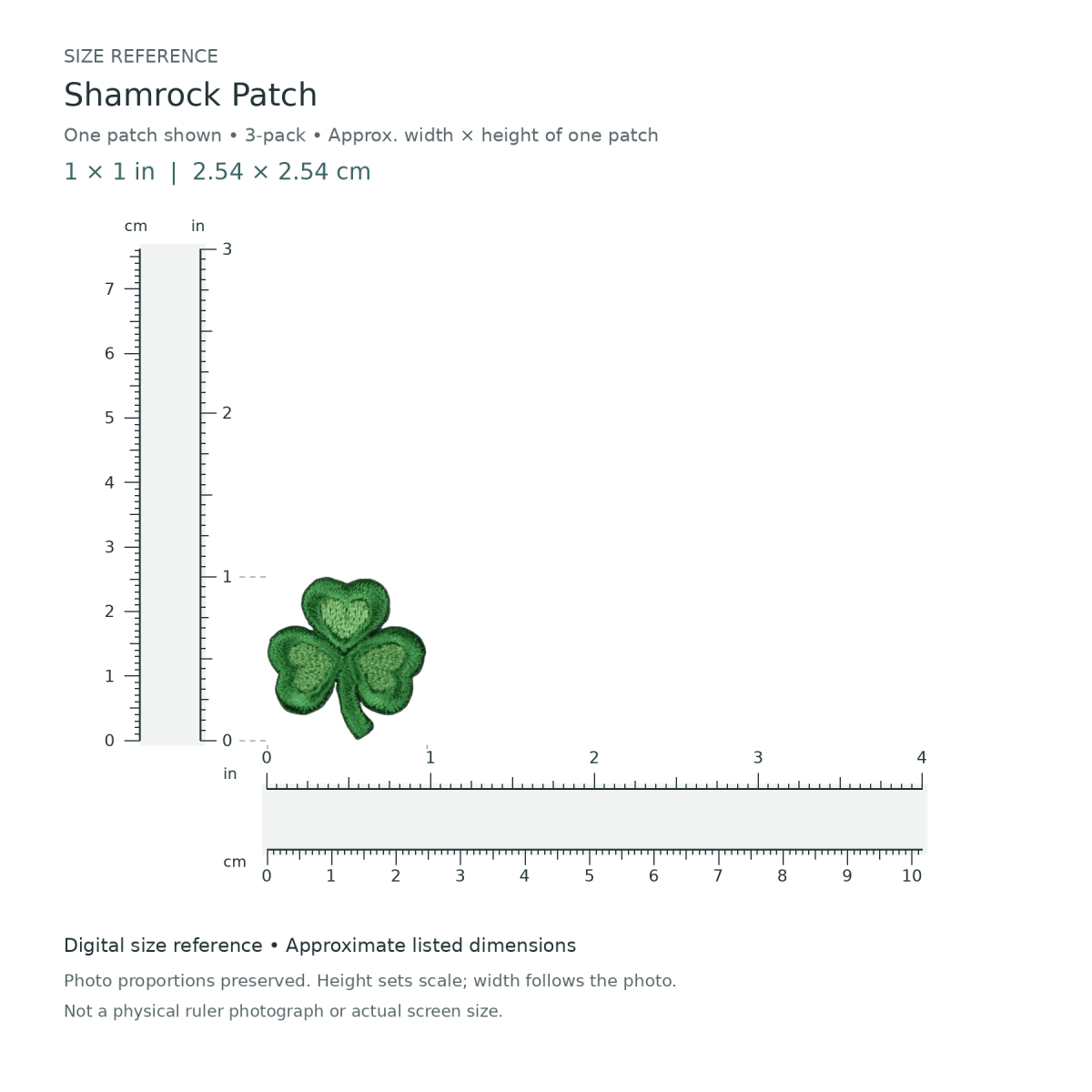 Shamrock Patch: one patch shown from the 3-patch pack, approximately 1 inches wide by 1 inches tall per patch, with digital inch and centimetre rulers.