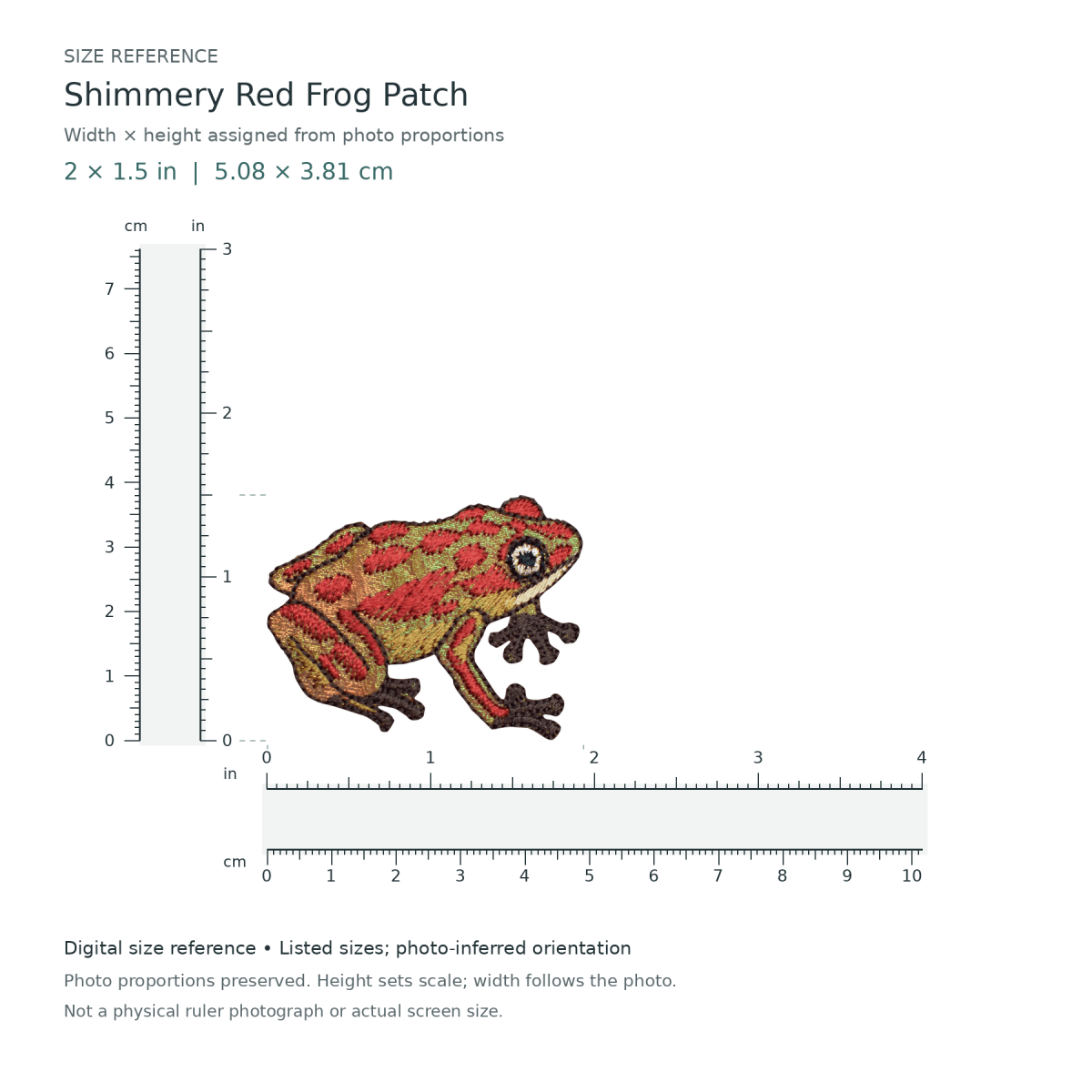 Digital size reference for Shimmery Red Frog Patch (SKU 260): approximate 2 inch width by 1.5 inch height; axis order inferred from photo proportions.