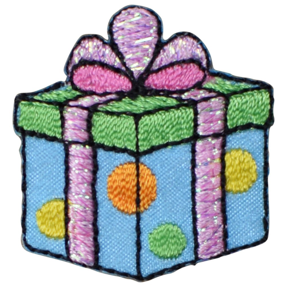 A miniature embroidered patch depicting a birthday gift box with a bow on top, designed as an iron-on applique.