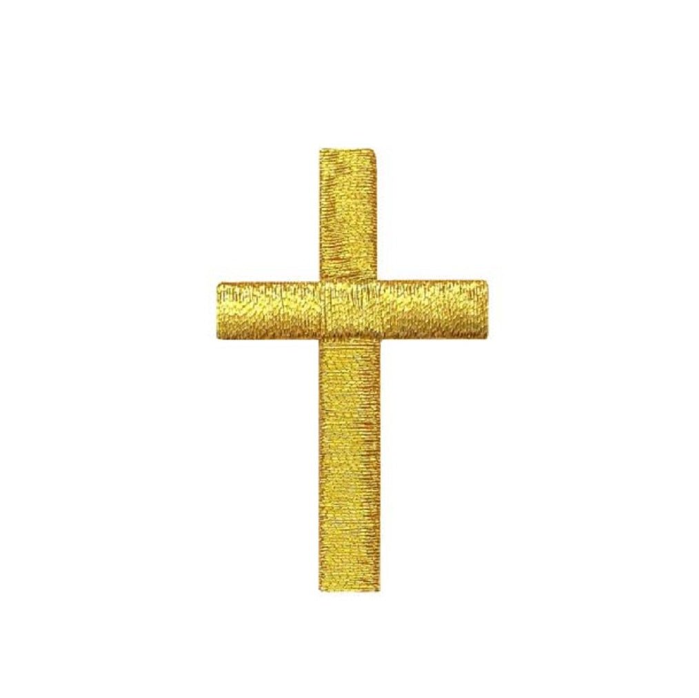 Gold cross patch on a white background