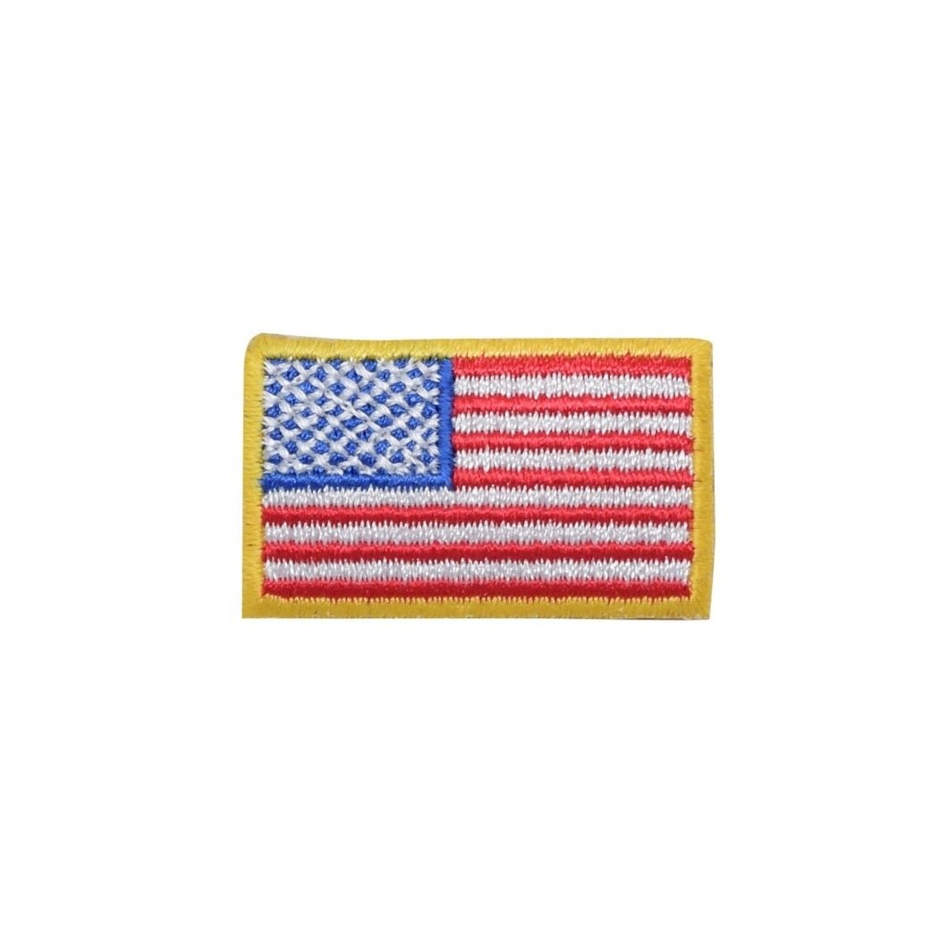 Embroidered patch of the American flag with a yellow border on a white background