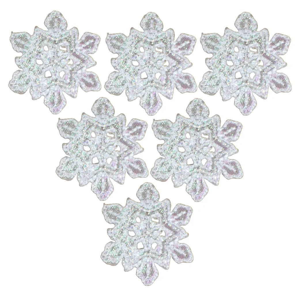 Six iridescent white snowflake patches, each 1.25 x 1 inches.