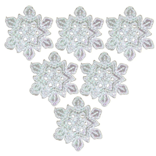 Six iridescent white snowflake patches, each 1.25 x 1 inches.