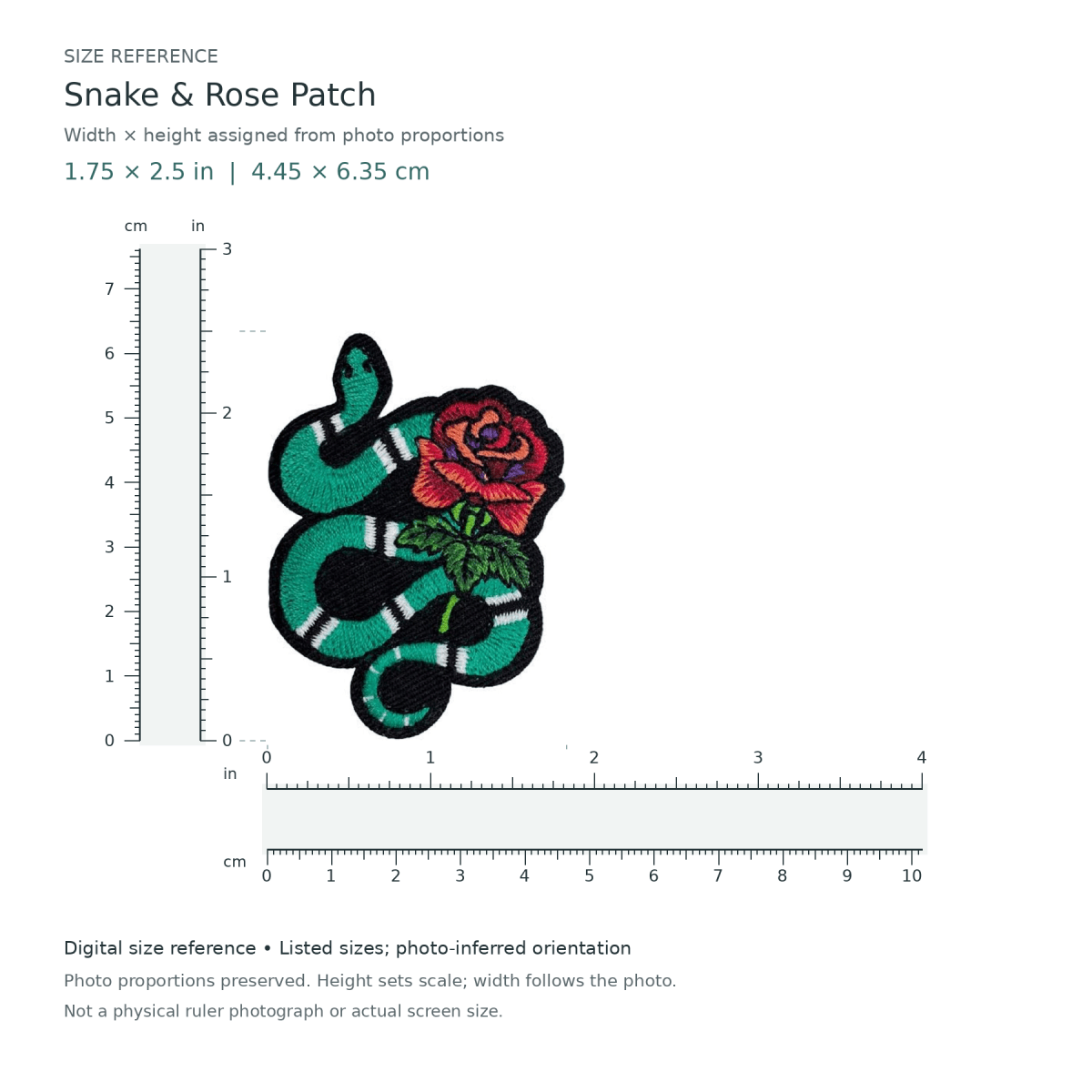 Digital size reference for Snake & Rose Patch (SKU 440): approximate 1.75 inch width by 2.5 inch height; axis order inferred from photo proportions.
