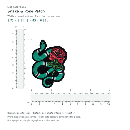Digital size reference for Snake & Rose Patch (SKU 440): approximate 1.75 inch width by 2.5 inch height; axis order inferred from photo proportions.