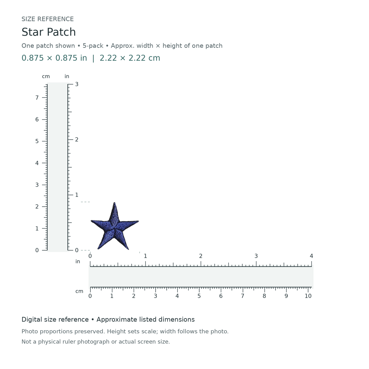 Star Patch: one patch shown from the 5-patch pack, approximately 0.875 inches wide by 0.875 inches tall per patch, with digital inch and centimetre rulers.
