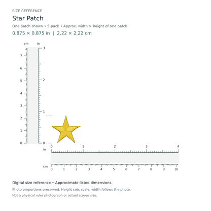 Star Patch: one patch shown from the 5-patch pack, approximately 0.875 inches wide by 0.875 inches tall per patch, with digital inch and centimetre rulers.