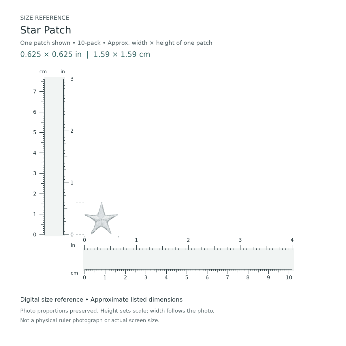 Star Patch: one patch shown from the 10-patch pack, approximately 0.625 inches wide by 0.625 inches tall per patch, with digital inch and centimetre rulers.