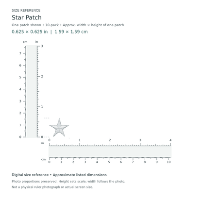 Star Patch: one patch shown from the 10-patch pack, approximately 0.625 inches wide by 0.625 inches tall per patch, with digital inch and centimetre rulers.