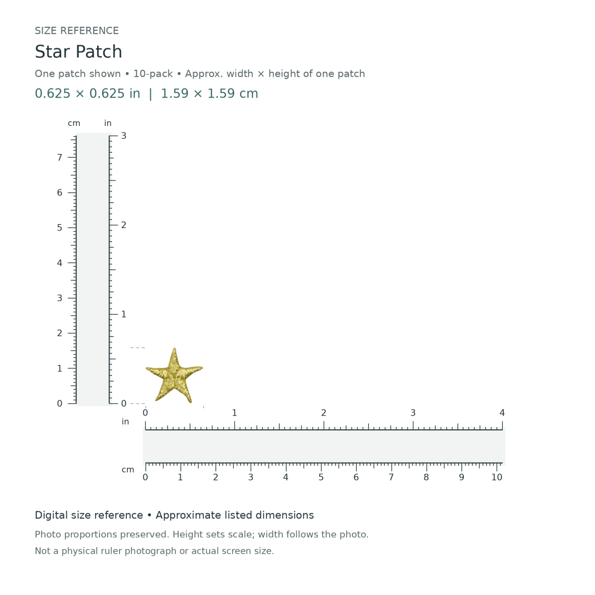Star Patch: one patch shown from the 10-patch pack, approximately 0.625 inches wide by 0.625 inches tall per patch, with digital inch and centimetre rulers.