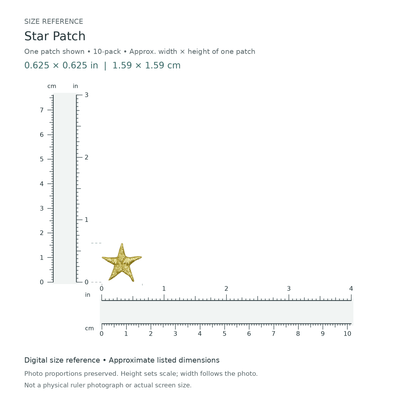 Star Patch: one patch shown from the 10-patch pack, approximately 0.625 inches wide by 0.625 inches tall per patch, with digital inch and centimetre rulers.