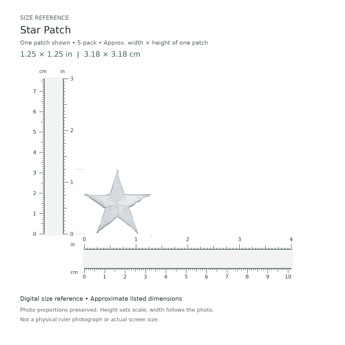 Star Patch: one patch shown from the 5-patch pack, approximately 1.25 inches wide by 1.25 inches tall per patch, with digital inch and centimetre rulers.
