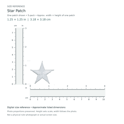 Star Patch: one patch shown from the 5-patch pack, approximately 1.25 inches wide by 1.25 inches tall per patch, with digital inch and centimetre rulers.