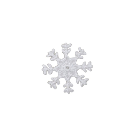 White Snowflake Applique Patch - Mini Embroidered Snow Badge 1" (Iron On) on white background