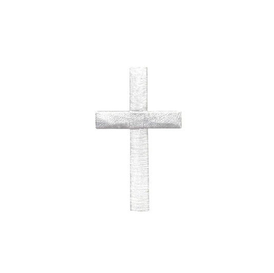 White Cross Applique Patch - Embroidered Christ Jesus Badge 2" (Iron On) on white background