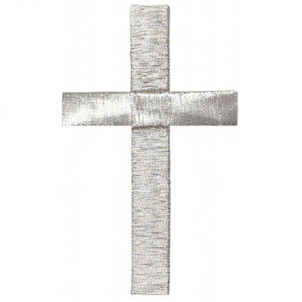 Silver Cross Applique Patch - Embroidered Christ Jesus Badge 3" (Iron On) on white background