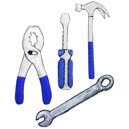 4-Pack Tool Applique Patch Set Embroidered Hammer Plier Wrench Screwdriver Badges on white background