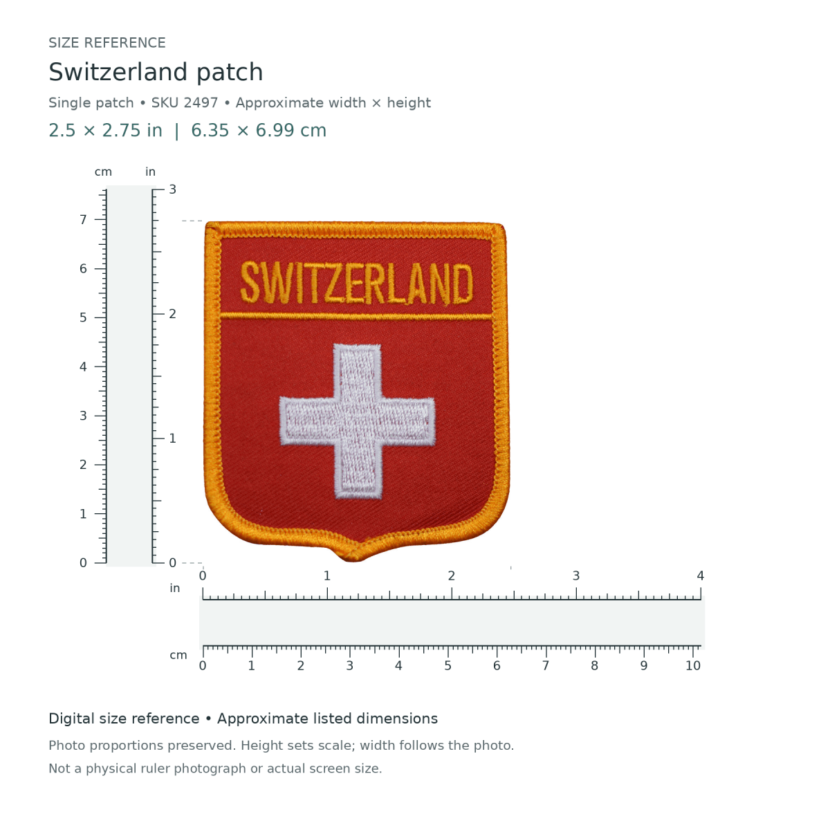 Switzerland patch, approximately 2 1/2 inches wide by 2 3/4 inches tall, shown with digital inch and centimetre rulers.