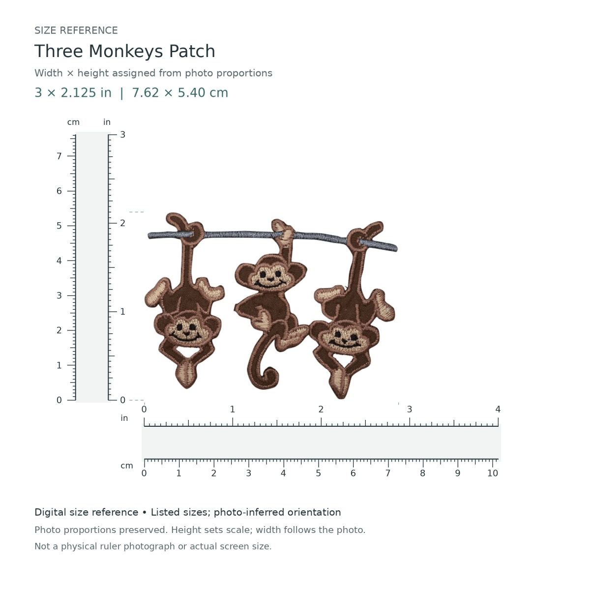 Digital size reference for Three Monkeys Patch (SKU 2370): approximate 3 inch width by 2.125 inch height; axis order inferred from photo proportions.