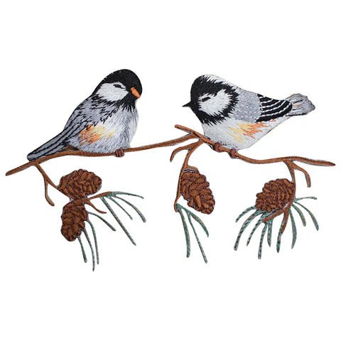 Large Chickadees on a Branch Applique Patch - Birds Tree Pine Cones 5.5"