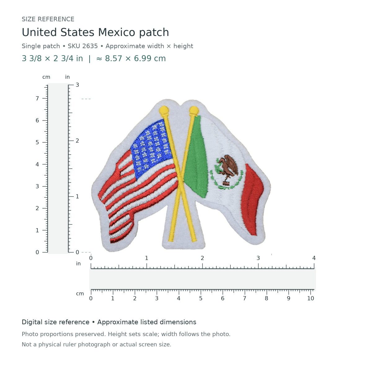 United States Mexico patch, approximately 3 3/8 inches wide by 2 3/4 inches tall, shown with digital inch and centimetre rulers.