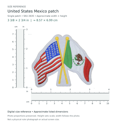 United States Mexico patch, approximately 3 3/8 inches wide by 2 3/4 inches tall, shown with digital inch and centimetre rulers.