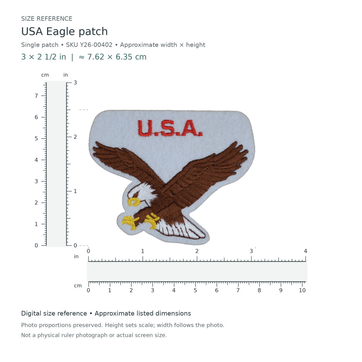 USA Eagle patch, approximately 3 inches wide by 2 1/2 inches tall, shown with digital inch and centimetre rulers.