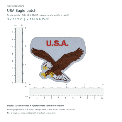 USA Eagle patch, approximately 3 inches wide by 2 1/2 inches tall, shown with digital inch and centimetre rulers.