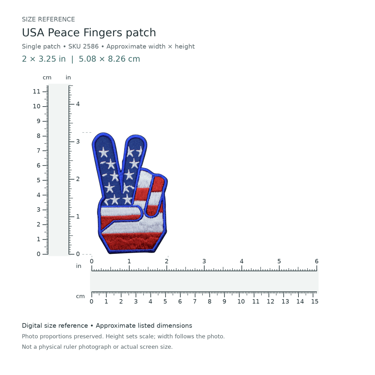 USA Peace Fingers patch, approximately 2 inches wide by 3 1/4 inches tall, shown with digital inch and centimetre rulers.