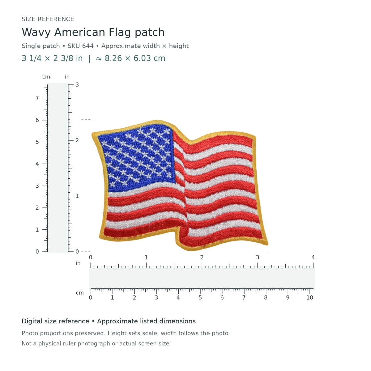 Wavy American Flag patch, approximately 3 1/4 inches wide by 2 3/8 inches tall, shown with digital inch and centimetre rulers.