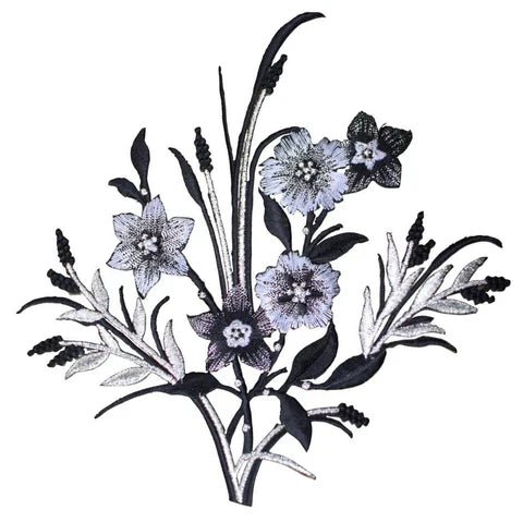 Large Flower Arrangement Embroidered Patch - Metallic Silver, Black and White - Iron On - front view