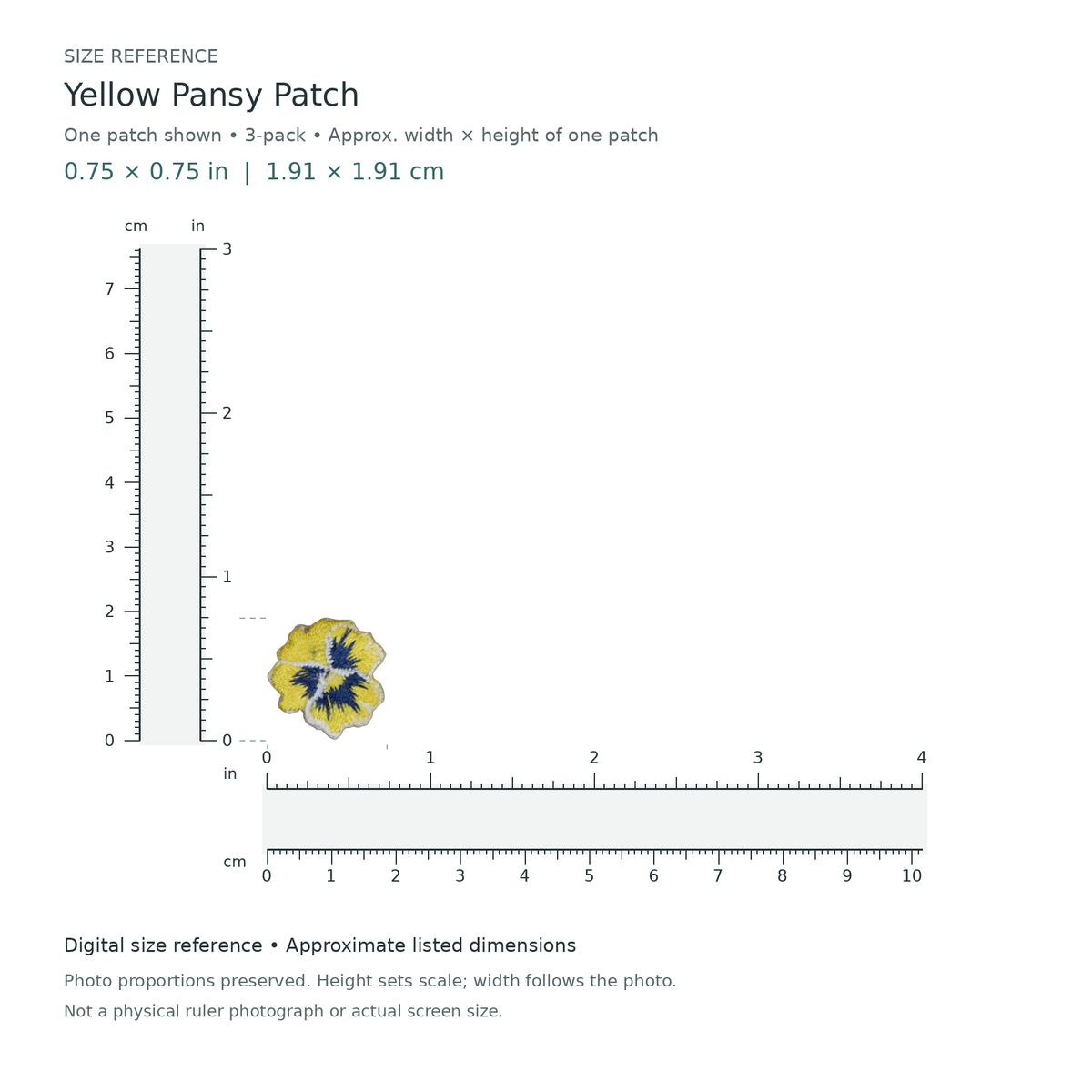 Yellow Pansy Patch: one patch shown from the 3-patch pack, approximately 0.75 inches wide by 0.75 inches tall per patch, with digital inch and centimetre rulers.