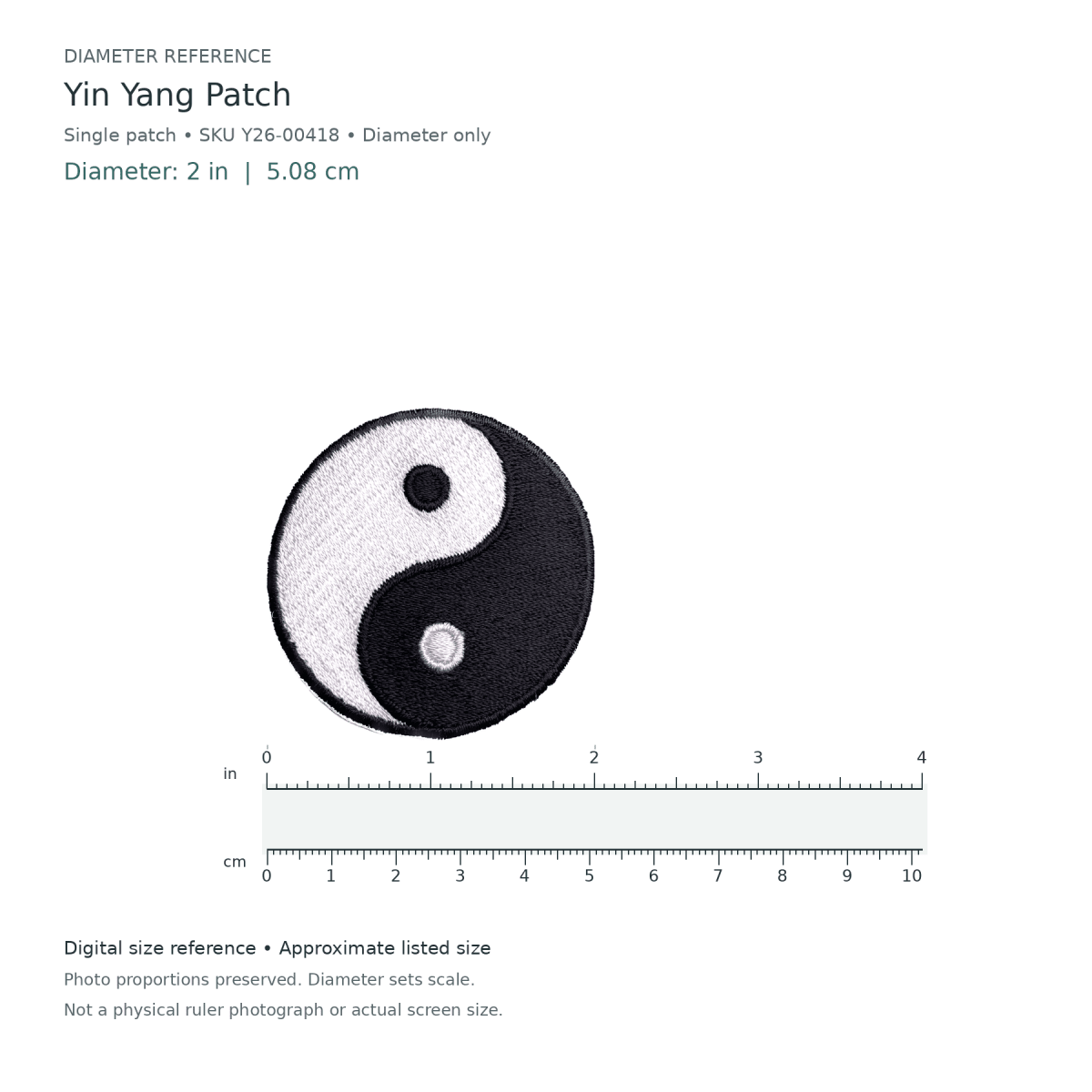 Digital size reference for Yin Yang Patch (SKU Y26-00418): approximate 2 inch diameter; original photo proportions preserved.