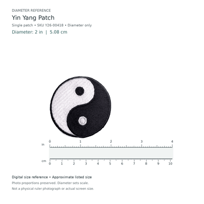 Digital size reference for Yin Yang Patch (SKU Y26-00418): approximate 2 inch diameter; original photo proportions preserved.